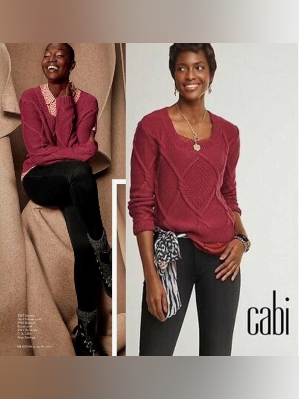 CAbi Square Neck Pullover Sweater Size M Mulberry Red Cable Knit